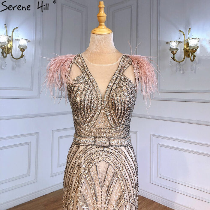 Serene Hill Luxury Mermaid Nude Evening Dresses Gowns 2025 Feather Beaded Elegant For Women Party LA71340 - SERENE HILL