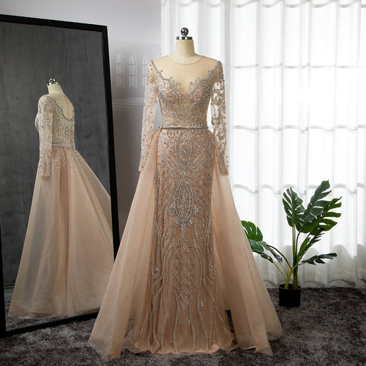 SERENE HILL Luxury Muslim Nude Beaded Mermaid Evening Dress with Overskirt LA71597 - SERENE HILL