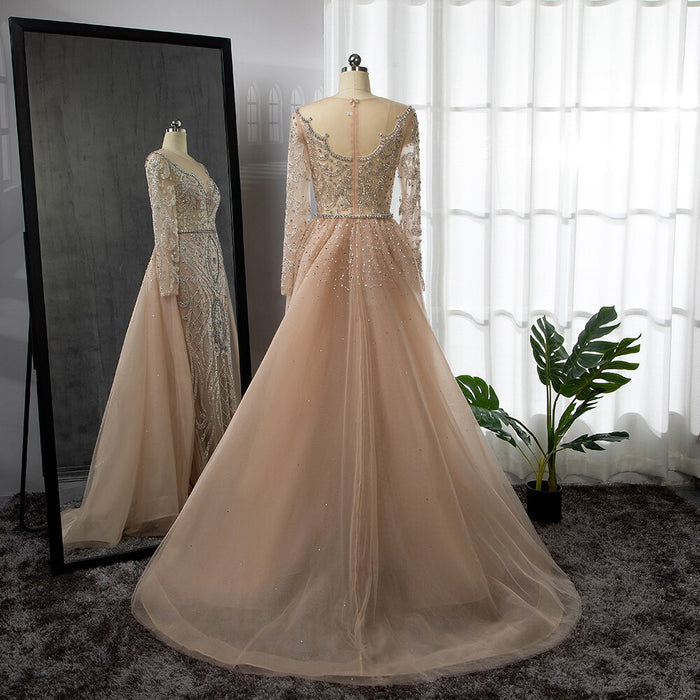 SERENE HILL Luxury Muslim Nude Beaded Mermaid Evening Dress with Overskirt LA71597 - SERENE HILL