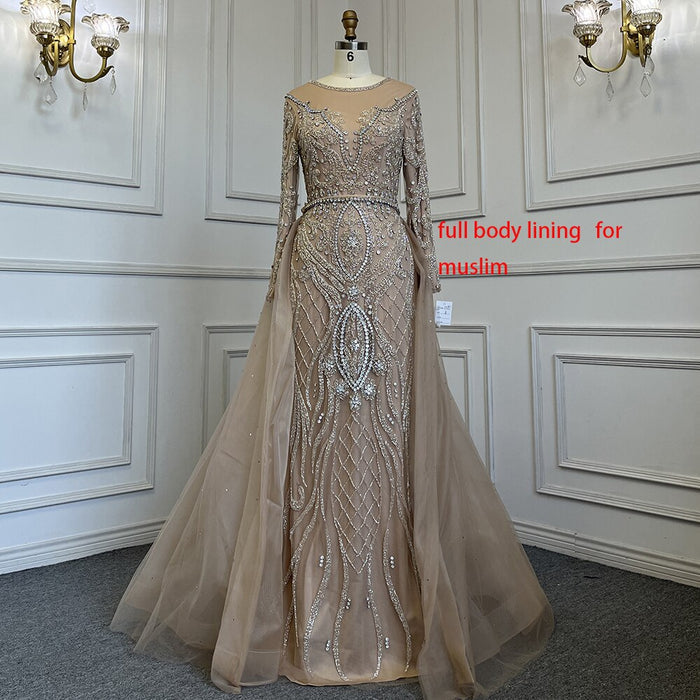 SERENE HILL Luxury Muslim Nude Beaded Mermaid Evening Dress with Overskirt LA71597 - SERENE HILL