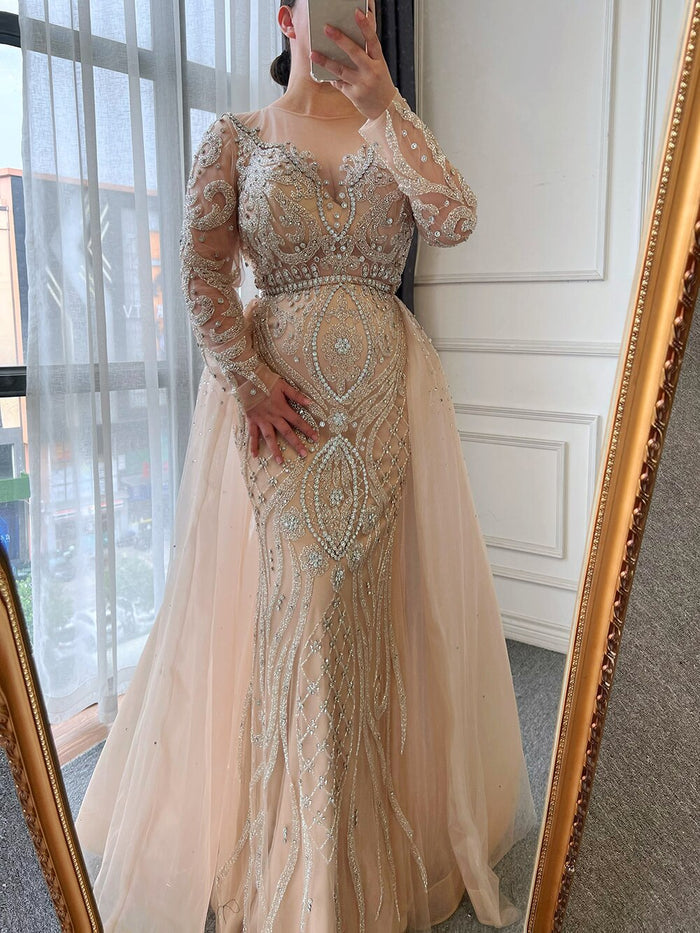 SERENE HILL Luxury Muslim Nude Beaded Mermaid Evening Dress with Overskirt LA71597 - SERENE HILL