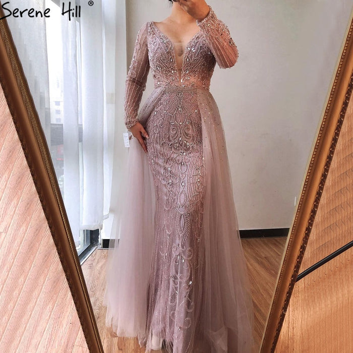 Serene Hill Luxury Muslim Pink With Train Mermaid Elegant Evening Dresses Gowns For Woman Party LA70433 - SERENE HILL
