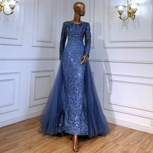 Serene Hill Moslim Blue Mermaid Avond Jurken 2025 Overrok Luxe Kralen Elegant Voor Vrouw Party LA71558 - SERENE HILL