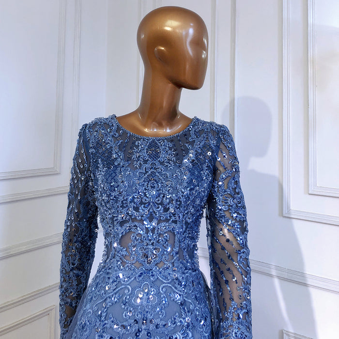 Serene Hill Moslim Blue Mermaid Avond Jurken 2025 Overrok Luxe Kralen Elegant Voor Vrouw Party LA71558 - SERENE HILL