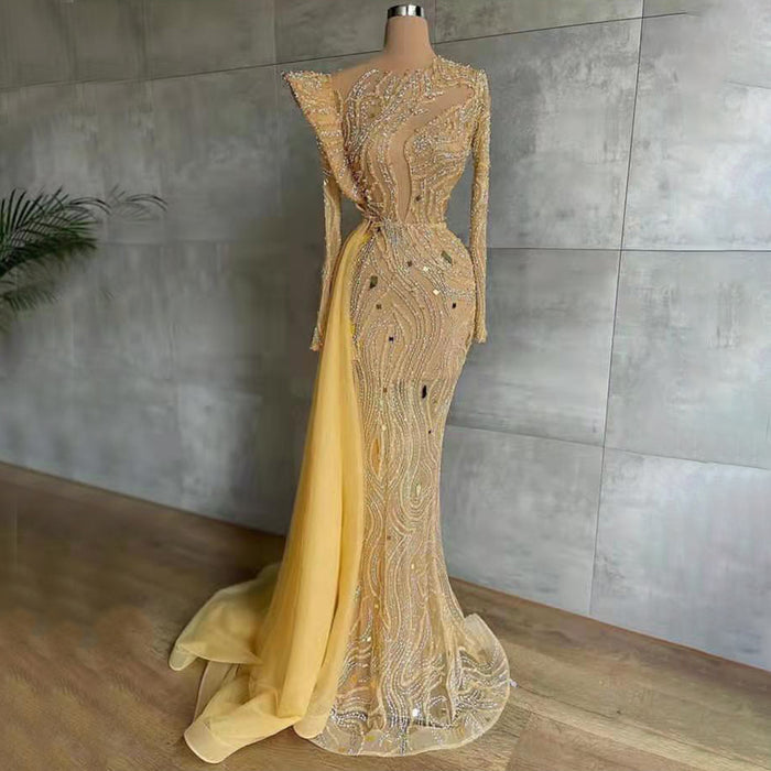 Serene Hill Moslim Goud Overrok Luxe Avond Jurken 2025 Kralen Meramid Elegant Voor Vrouwen Party LA71528 - SERENE HILL