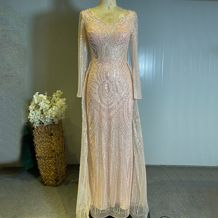 Serene Hill Moslim Perzik Overrok Avond Jurken 2025 Luxe Kralen Elegant Mermaid Voor Vrouwen Party LA71494 - SERENE HILL