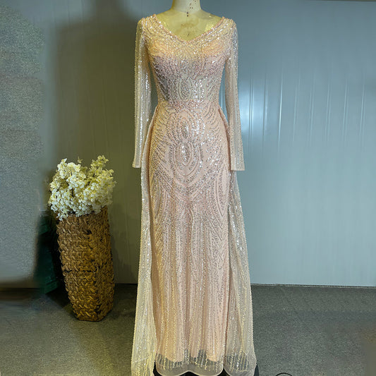 Serene Hill Moslim Perzik Overrok Avond Jurken 2025 Luxe Kralen Elegant Mermaid Voor Vrouwen Party LA71494 - SERENE HILL