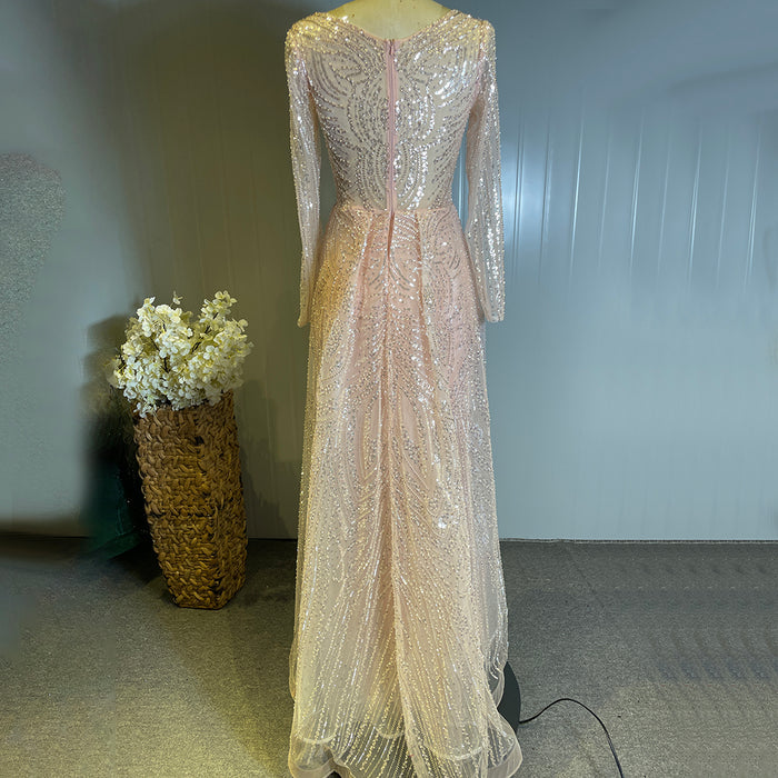 Serene Hill Moslim Perzik Overrok Avond Jurken 2025 Luxe Kralen Elegant Mermaid Voor Vrouwen Party LA71494 - SERENE HILL