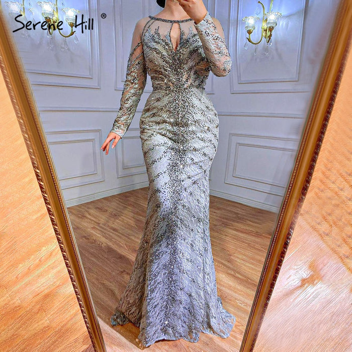 Serene Hill Musliim Grey Mermaid Evening Dresses 2025 Lace Beading Crystal Elegant For Women Party LA71131 - SERENE HILL
