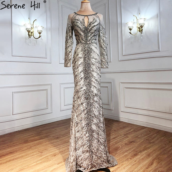 Serene Hill Musliim Grey Mermaid Evening Dresses 2025 Lace Beading Crystal Elegant For Women Party LA71131 - SERENE HILL