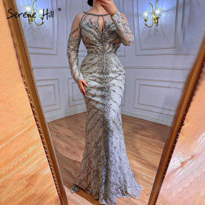 Serene Hill Musliim Grey Mermaid Evening Dresses 2025 Lace Beading Crystal Elegant For Women Party LA71131 - SERENE HILL