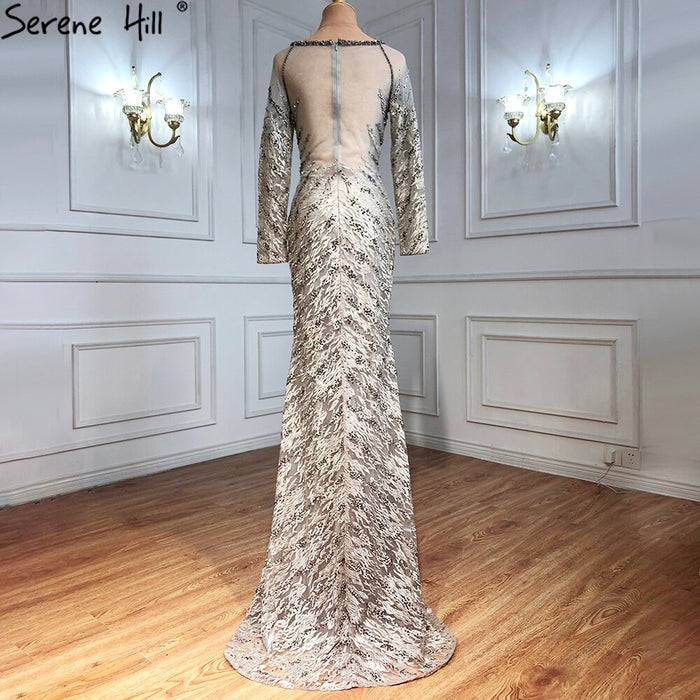 Serene Hill Musliim Grey Mermaid Evening Dresses 2025 Lace Beading Crystal Elegant For Women Party LA71131 - SERENE HILL