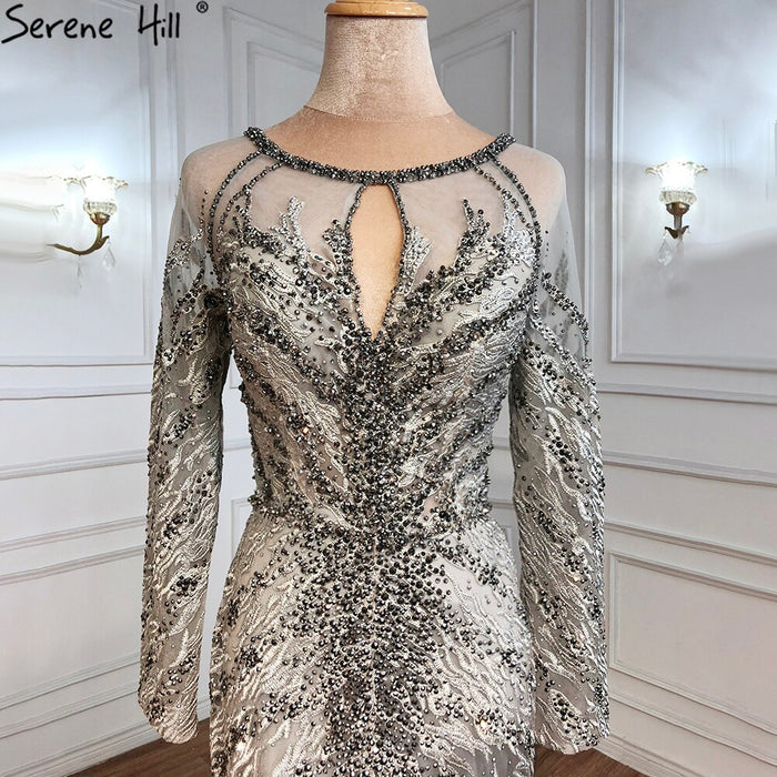 Serene Hill Musliim Grey Mermaid Evening Dresses 2025 Lace Beading Crystal Elegant For Women Party LA71131 - SERENE HILL