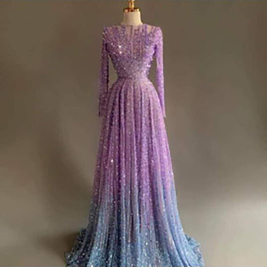 Serene Hill Muslim A Line Beaded Luxury Arabic Evening Dresses Gowns 2025 For Women Wedding Party LA71907 - SERENE HILL