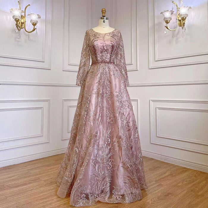 Serene Hill Muslim A-Line Pink Luxury Evening Dresses Gowns Lace Beaded 2025 For Women Party LA71794 - SERENE HILL