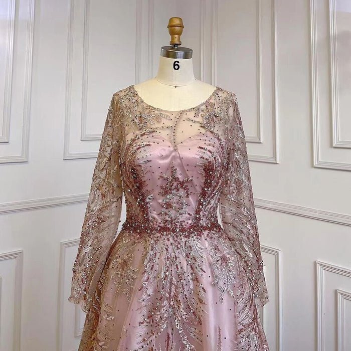 Serene Hill Muslim A-Line Pink Luxury Evening Dresses Gowns Lace Beaded 2025 For Women Party LA71794 - SERENE HILL