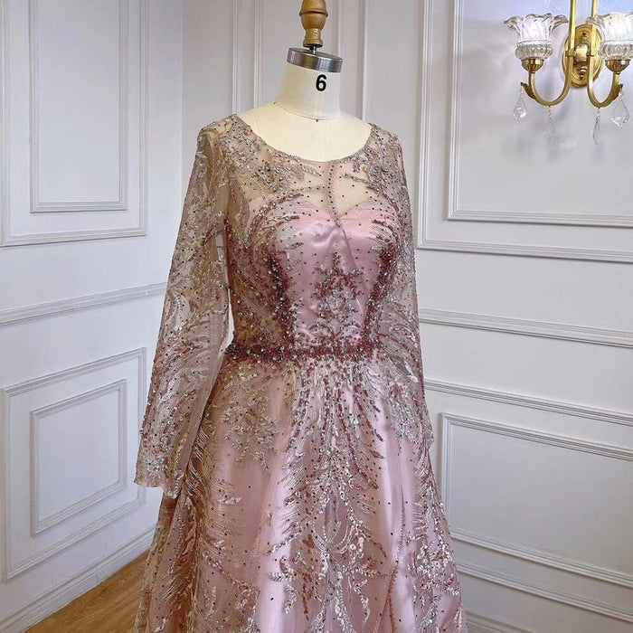 Serene Hill Muslim A-Line Pink Luxury Evening Dresses Gowns Lace Beaded 2025 For Women Party LA71794 - SERENE HILL