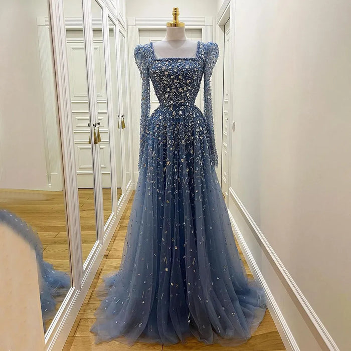 Serene Hill Muslim Blue A Line Evening Dresses Luxury Beaded Formal Gowns 2025 For Women Party LA71762A - SERENE HILL