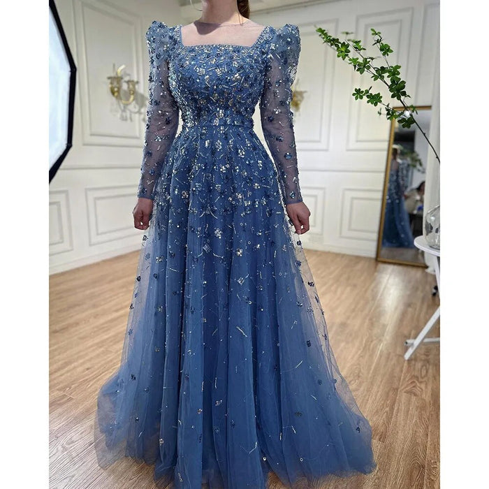 Serene Hill Muslim Blue A Line Evening Dresses Luxury Beaded Formal Gowns 2025 For Women Party LA71762A - SERENE HILL