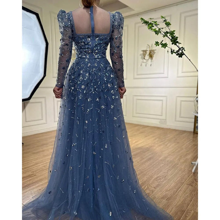 Serene Hill Muslim Blue A Line Evening Dresses Luxury Beaded Formal Gowns 2025 For Women Party LA71762A - SERENE HILL