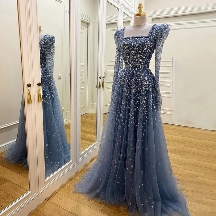 Serene Hill Muslim Blue A Line Evening Dresses Luxury Beaded Formal Gowns 2025 For Women Party LA71762A - SERENE HILL