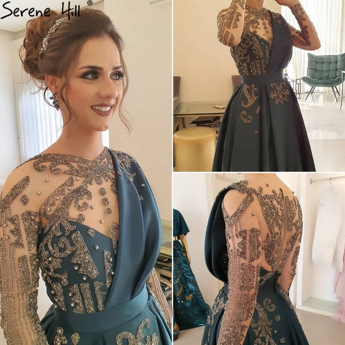 Serene Hill Muslim Blue Beaded Satin A-Line Elegant Evening Dresses Wedding Party Gowns For Woman LA71135 - SERENE HILL