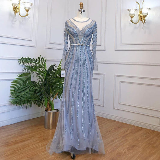 Serene Hill Muslim Blue Luxury Evening Dresses Gowns 2025 Mermaid Elegant Beaded For Women Party LA71374A - SERENE HILL