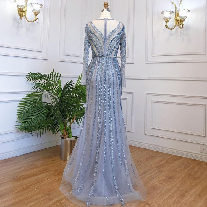 Serene Hill Muslim Blue Luxury Evening Dresses Gowns 2025 Mermaid Elegant Beaded For Women Party LA71374A - SERENE HILL