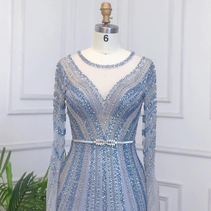 Serene Hill Muslim Blue Luxury Evening Dresses Gowns 2025 Mermaid Elegant Beaded For Women Party LA71374A - SERENE HILL