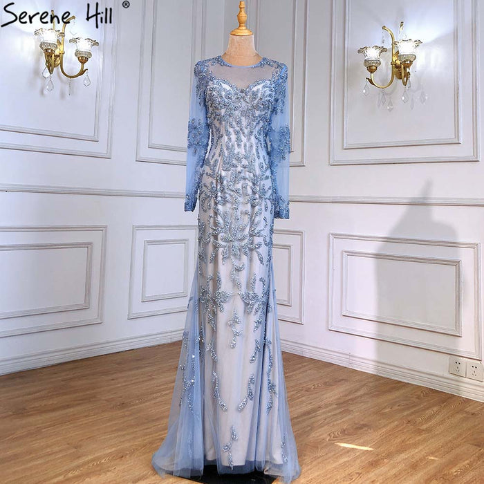 Serene Hill Muslim Blue Mermaid Evening Dresses Gowns 2025 Luxury Elegant Beaded For Women Party LA71479 - SERENE HILL