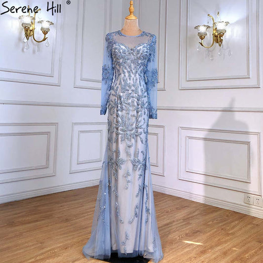 Serene Hill Muslim Blue Mermaid Evening Dresses Gowns 2025 Luxury Elegant Beaded For Women Party LA71479 - SERENE HILL