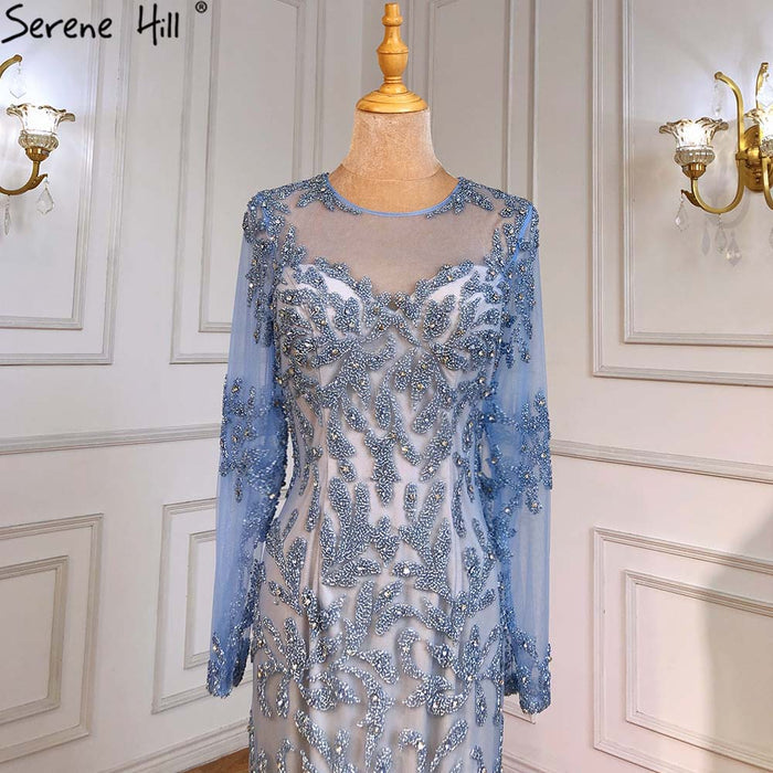 Serene Hill Muslim Blue Mermaid Evening Dresses Gowns 2025 Luxury Elegant Beaded For Women Party LA71479 - SERENE HILL