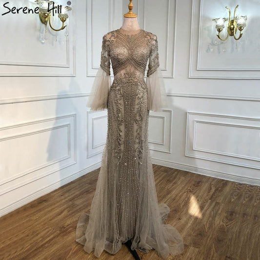 Serene Hill Muslim Caramel Evening Dresses Gowns Luxury Beading Elegant Mermaid 2025 For Women Party LA70289 - SERENE HILL
