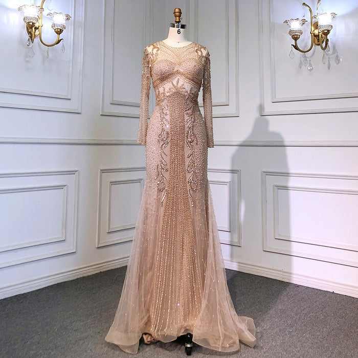 Serene Hill Muslim Caramel Evening Dresses Gowns Luxury Beading Elegant Mermaid 2025 For Women Party LA70289 - SERENE HILL