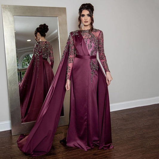 Serene Hill Muslim Grape Purple Luxury Evening Dresses Gowns 2025 High Split Satin For Women Party LA71456 - SERENE HILL