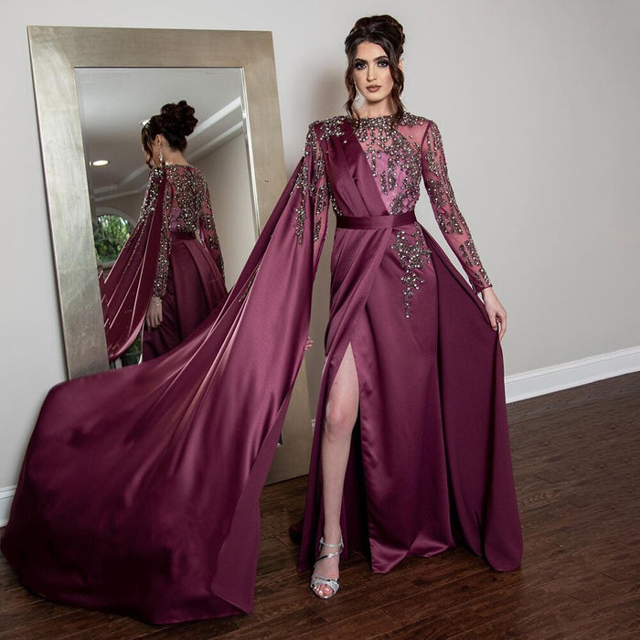 Serene Hill Muslim Grape Purple Luxury Evening Dresses Gowns 2025 High Split Satin For Women Party LA71456 - SERENE HILL
