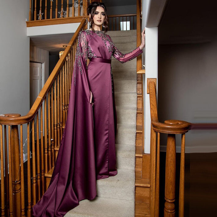 Serene Hill Muslim Grape Purple Luxury Evening Dresses Gowns 2025 High Split Satin For Women Party LA71456 - SERENE HILL