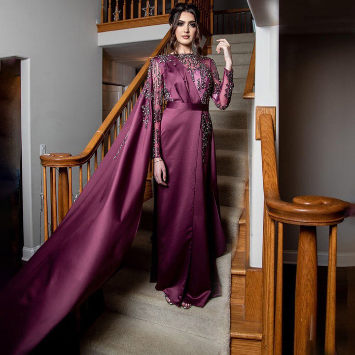 Serene Hill Muslim Grape Purple Luxury Evening Dresses Gowns 2025 High Split Satin For Women Party LA71456 - SERENE HILL