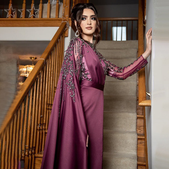 Serene Hill Muslim Grape Purple Luxury Evening Dresses Gowns 2025 High Split Satin For Women Party LA71456 - SERENE HILL