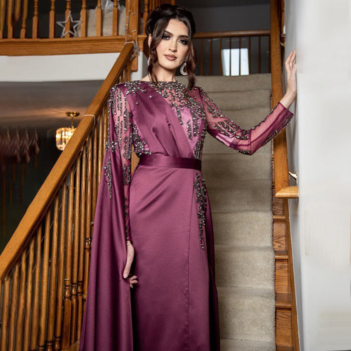 Serene Hill Muslim Grape Purple Luxury Evening Dresses Gowns 2025 High Split Satin For Women Party LA71456 - SERENE HILL