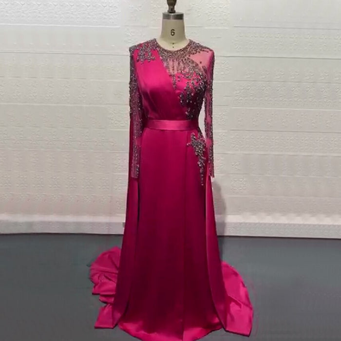 Serene Hill Muslim Grape Purple Luxury Evening Dresses Gowns 2025 High Split Satin For Women Party LA71456 - SERENE HILL