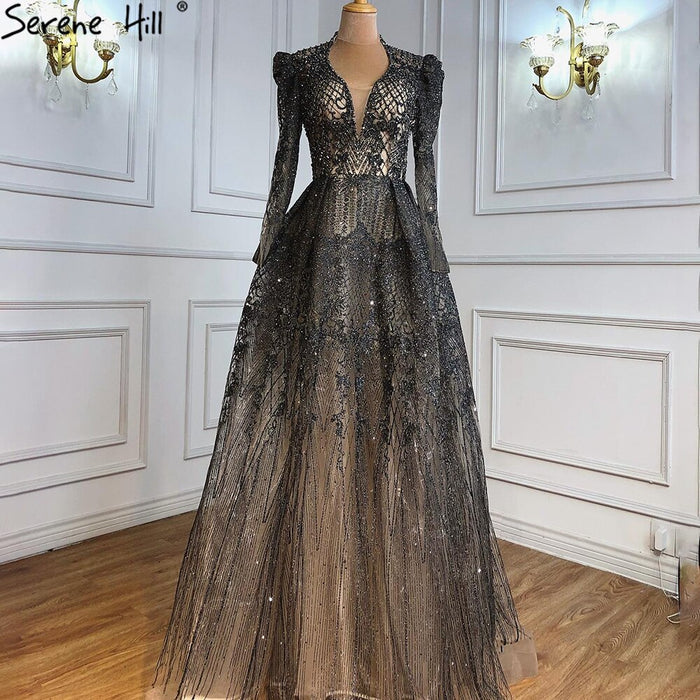 Serene Hill Muslim Grey Elegant Evening Dresses Long 2025 A-Line Beaded Wedding Party Gowns For Woman LA71126 - SERENE HILL
