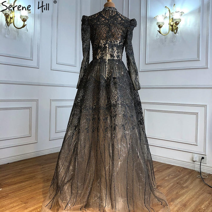 Serene Hill Muslim Grey Elegant Evening Dresses Long 2025 A-Line Beaded Wedding Party Gowns For Woman LA71126 - SERENE HILL