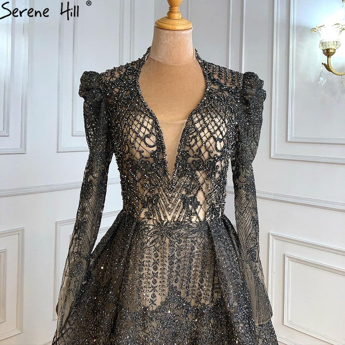 Serene Hill Muslim Grey Elegant Evening Dresses Long 2025 A-Line Beaded Wedding Party Gowns For Woman LA71126 - SERENE HILL