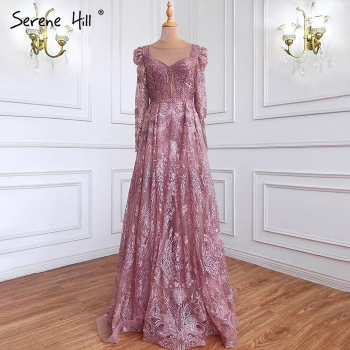 Serene Hill Muslim Luxury Pink Evening Dresses Gowns 2025 A-Line Beaded Lace For Women Party Dress LA71312 - SERENE HILL