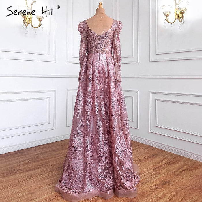 Serene Hill Muslim Luxury Pink Evening Dresses Gowns 2025 A-Line Beaded Lace For Women Party Dress LA71312 - SERENE HILL