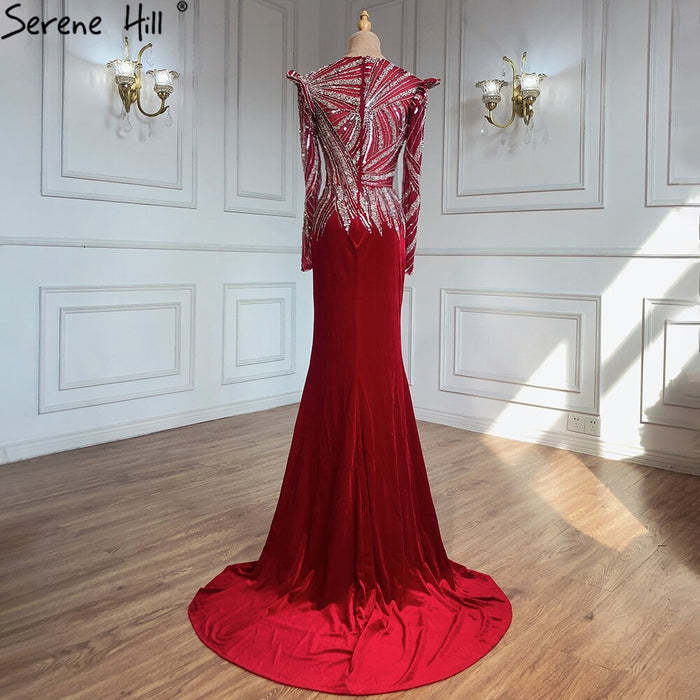Serene Hill Muslim Mermaid Wine Red Evening Dresses Gowns 2025 Beaded Elegant Satin For Women Party LA71449 - SERENE HILL