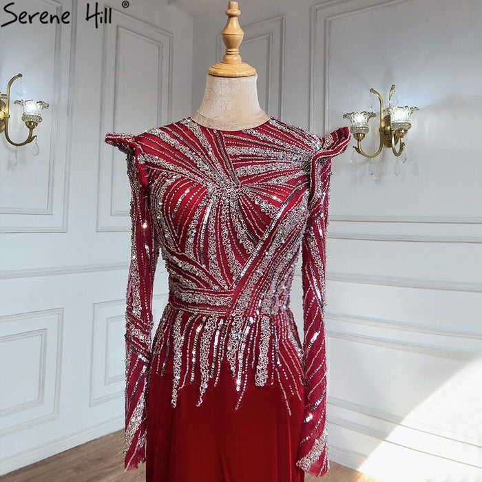 Serene Hill Muslim Mermaid Wine Red Evening Dresses Gowns 2025 Beaded Elegant Satin For Women Party LA71449 - SERENE HILL