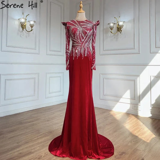 Serene Hill Muslim Mermaid Wine Red Evening Dresses Gowns 2025 Beaded Elegant Velour For Women Party LA71449 - SERENE HILL
