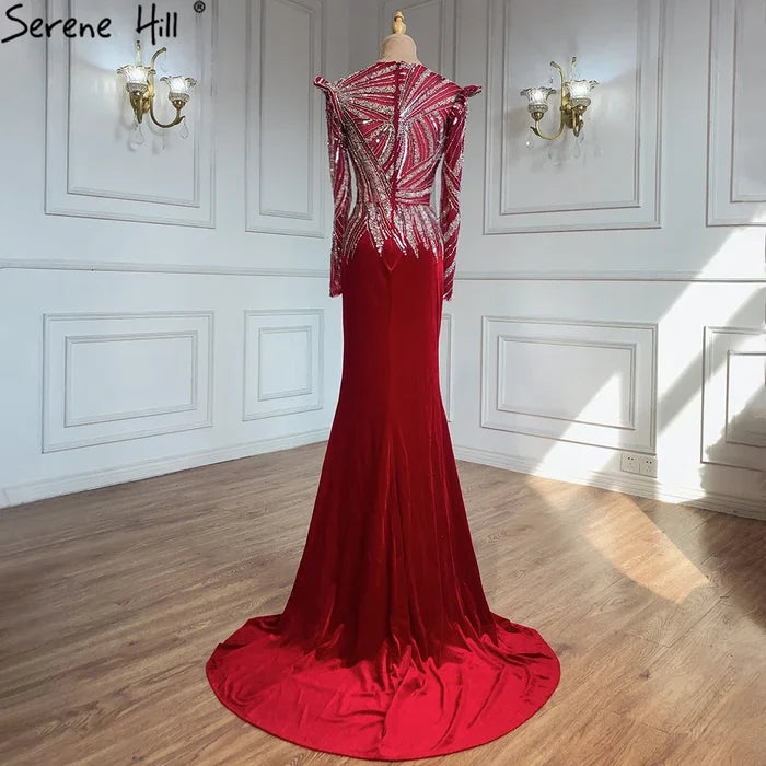 Serene Hill Muslim Mermaid Wine Red Evening Dresses Gowns 2025 Beaded Elegant Velour For Women Party LA71449 - SERENE HILL